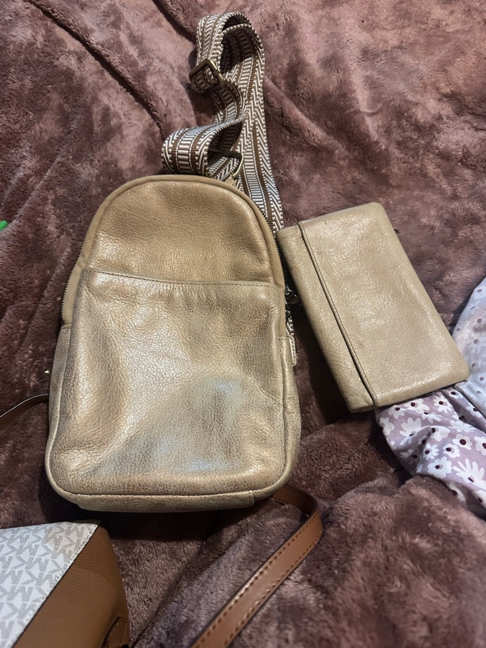 HOBO Metallic Taupe Leather Crossbody with Matching Wallet